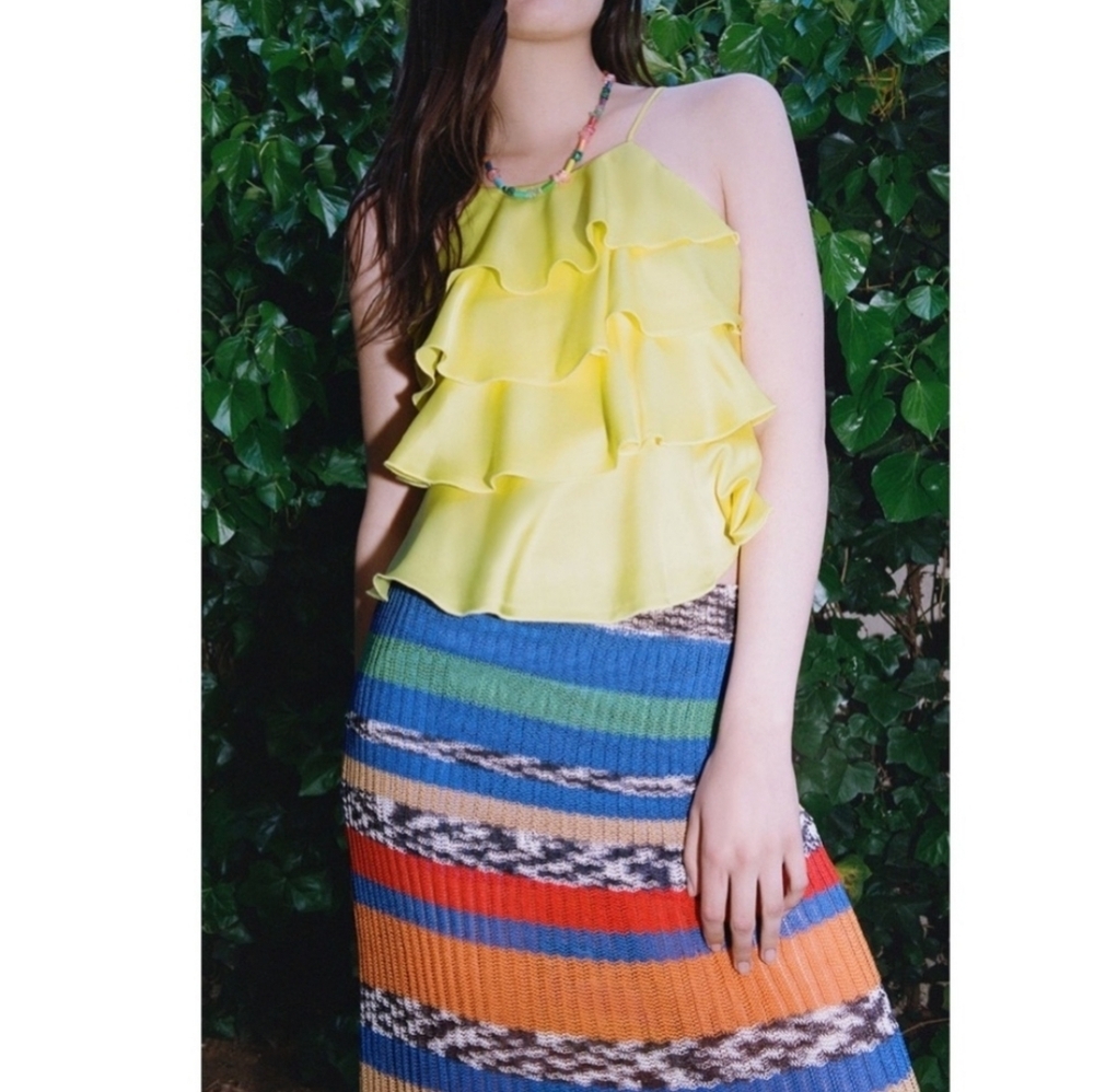 Zara Yellow Ruffle Satin Top Medium | High Neck Blouse Women’s Spring Summer